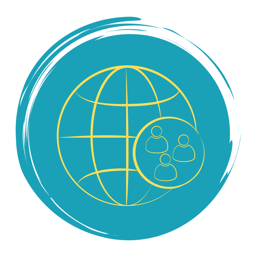 Round turquoise icon in brushstroke style with a centered yellow globe with three people to the bottom right