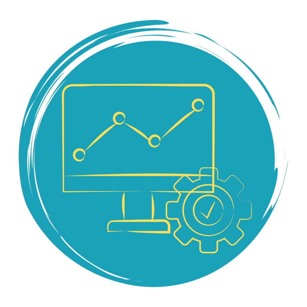 Round turquoise icon in brushstroke style with a computer monitor showing a graph in the center, and a settings icon shaped like a gear with a check mark in it to the bottom right