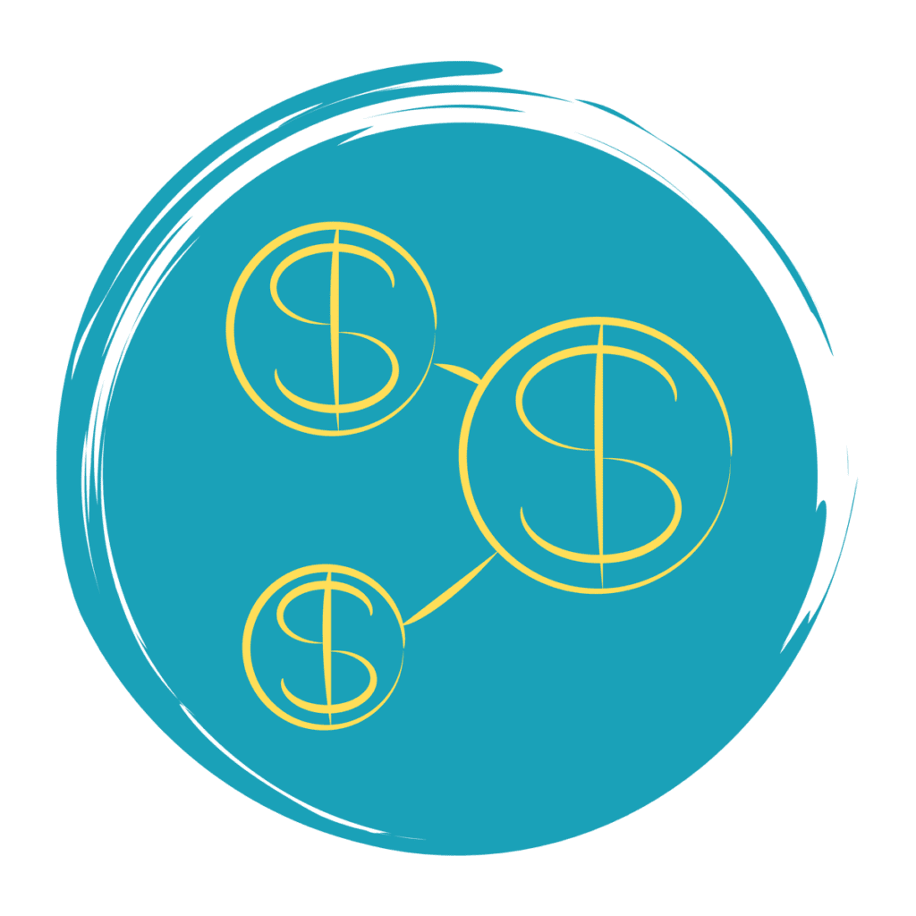 Round turquoise icon in brushstroke style with three circles inset. The circles are connected by lines and each contain a dollar sign.